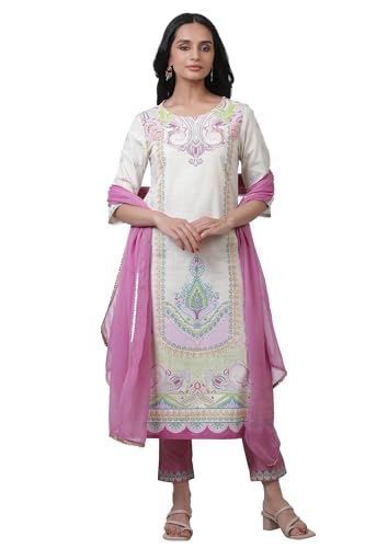 W for Woman Off White Festive Printed Cotton Straight Kurta Set with Slim Pant & Dupatta_23AUWS19241-120721_L