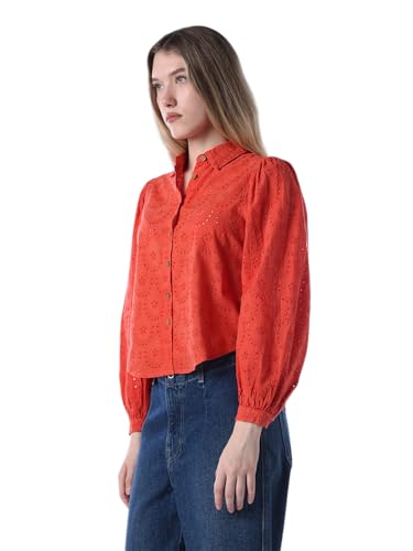 ONLY Women's Self Design Regular Fit Red Shirt