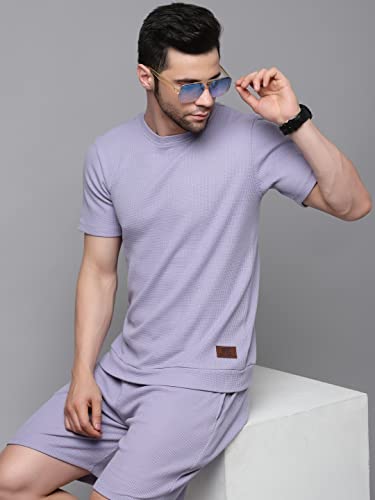 Rigo Waffle Knit Self Textured Co-ord Set for Men | Night Suit Set | Lounge-wear Nightdress Pajama Set | Beach, Vacation Wear Light Purple