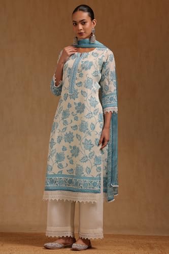 Soch Womens Off White Linen Botanical Printed Salwar Suit With Beads