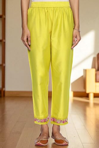 W for Woman Floral Embroidered Flared Chanderi Kurta with Straight Pant and Dupatta Set - Yellow (WS12917-223750-L)