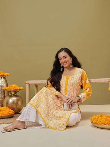 Ada Lucknowi Handmade Chikankari Straight Georgette Kurta with Slip for Women A411220 (Mustard, L)