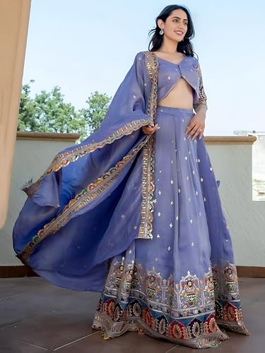 Zeel Clothing Women's Sequins Thread Embroidered Cosmos Silk Lehenga Choli With Dupatta (5128-Women-Lehenga-Choli-Latest; Free size) (Lavender)