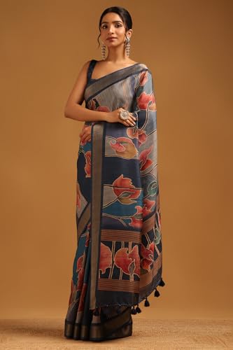 Soch Womens Blue Tussar Botanical Saree