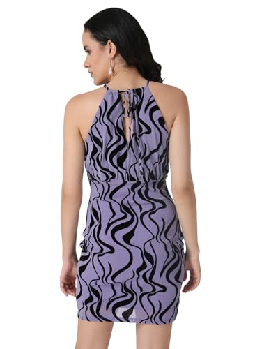 Kazo Animal Print Mesh Halter Neck Women's Mini Dress (Lavender, Large)