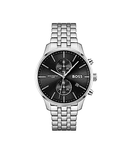 Hugo Boss Stainless Steel Associate Analog Black Dial Men Watch-1513869, Silver Band