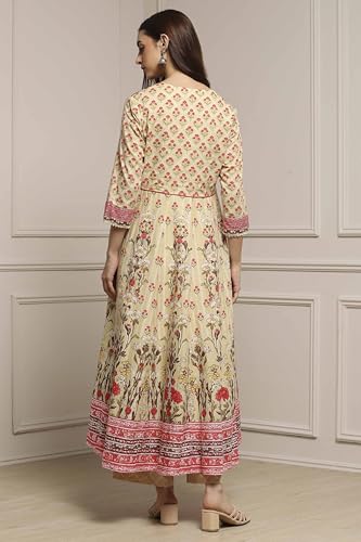 Biba Women Off White-Pink Cotton Anarkali Printed Suit Set_32