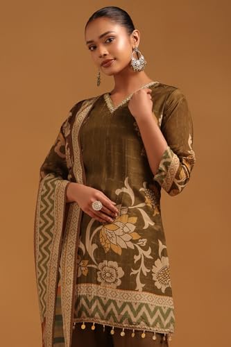 Soch Womens Olive Crepe Botanical Salwar Suit With Beads