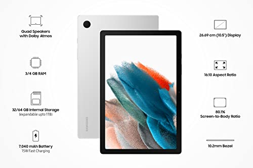 Samsung Galaxy Tab A8 10.5 inches(26cm) Display, RAM 3 GB, ROM 32 GB Expandable, Wi-Fi+LTE Tablet, Silver, (SM-X205NZSAINU)