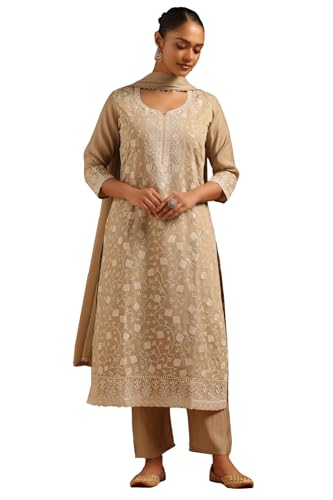 Soch Womens Beige Mul Chanderi Botanical Salwar Suit With Machine Embroidery and Sequin Details