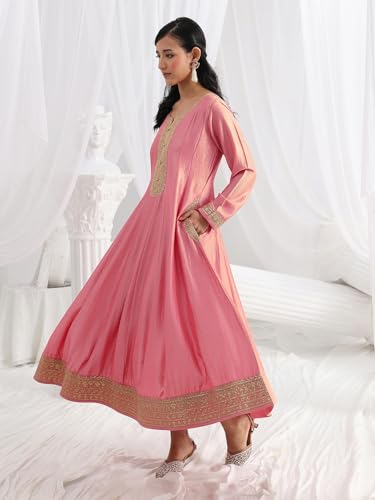 Libas Embroidered Silk Blend A Line Ethnic Dress with Dupatta | Occasion Gown Pink