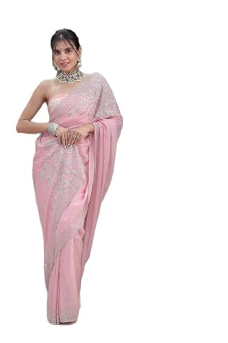 Haus Of Auraa Women’s Festive Traditional Attire with Detailed Weave & Graceful Finish Blush Glimmer Pink Saree with Sequin & Cutdana Detailing