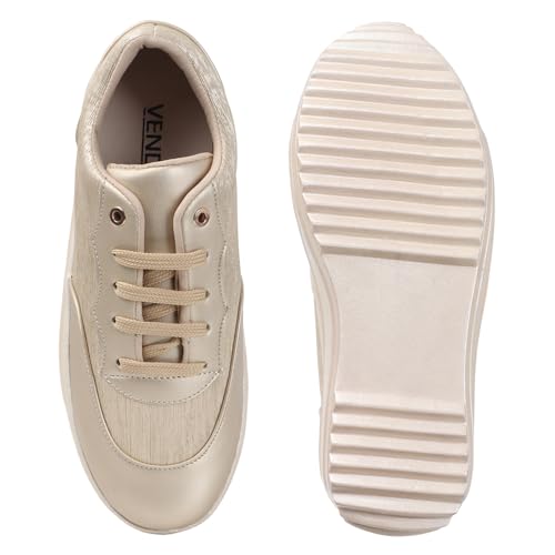 Vendoz Women Casual Wedding & Party High Heel Sneakers I Cushioned Insole I Glittery & Mettalic Bridal Wear I Lightweight and Stylish Shoes for Girls CNV4047GL-36 Gold