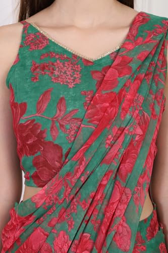 W for Woman Green Floral Printed Pre-Draped Georgette Saree with Blouse - (WS13897-127595-S)