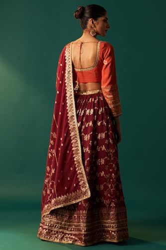 Wishful Women's Orange Zari Embroidered Jacquard Blouse with Flared Maroon Skirt and Dupatta Set (SP13159-314462-XL)