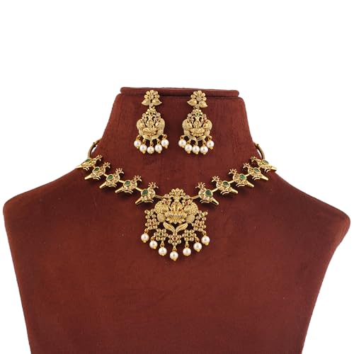 ZYRA JEWELS South Indian Temple Jewellery Necklace Set with Earrings, Peacock & Lakshmi Design, Antique Gold Plated, AD, Zircon & Pearl Studded Traditional Bridal Jewellery for Women & Girls