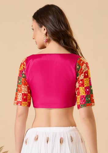 SALWAR STUDIO Pink Chinon Silk Sweetheart Neck Phulkari Readymade Blouse