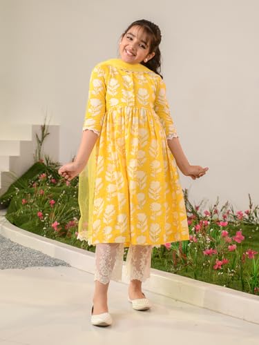 Pspeaches Girls Cotton Printed Kurta & Palazzo (KS-YELLOWOFFWHITE-8-10Y_Yellow