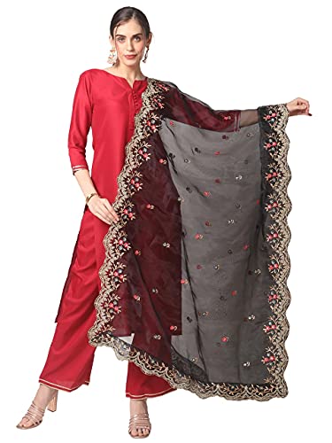 DUPATTA BAZAAR Women's Black Embroidered Glass Tissue Dupatta with Cutwork