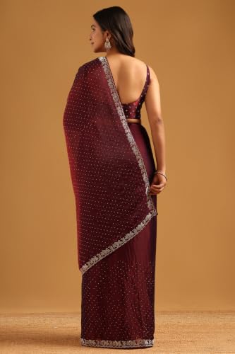 Soch Womens Wine Fendy Organza Stonework Embellished Saree