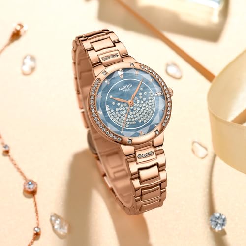 NIBOSI Watches for Woman Analog Quartz Rose Gold Stainless Steel Band Fashion Luxury Ladies Wrist Watch Diamond Stylish Elegant Watches Waterproof