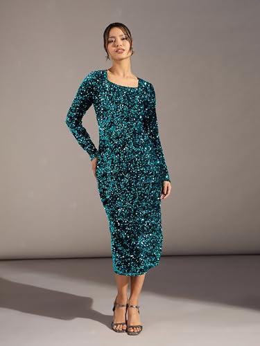 barcino Teal Velour Sequin Midi Dress