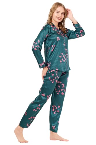 Kattly Women's Satin Solid Printed Pajama Set with Top & Pants | Night Suit Set | Full Length Sleepwear | Silky Satin Slipwear | Full Sleeve Nightwear (Plus Size, Peacock Blue, 2XL)
