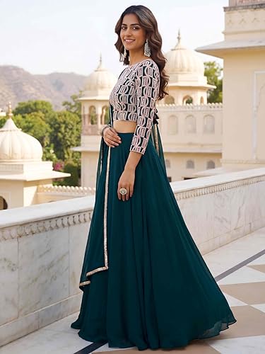 Zeel Clothing Women's Chikankari Sequins Embroidered Georgette Lehenga Choli with Dupatta (5050-Green-Women-New-Lehenga-Choli; Free Size)