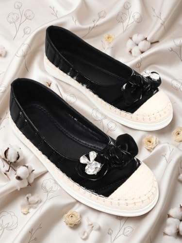 KLAUR MELBOURNE Women’s Quilted Espadrille Slip-Ons – Casual Ballet Flat Sneakers with Crystal Bow Accent and Woven Toe Cap Black