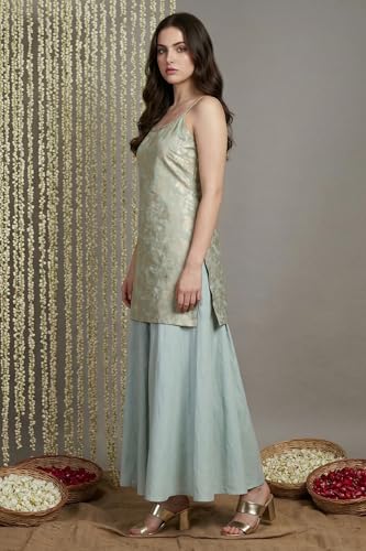 W for Woman Green Self Design Jacquard Zari Straight Kurta with Sharara and Dupatta - (WS13236-314550-M)