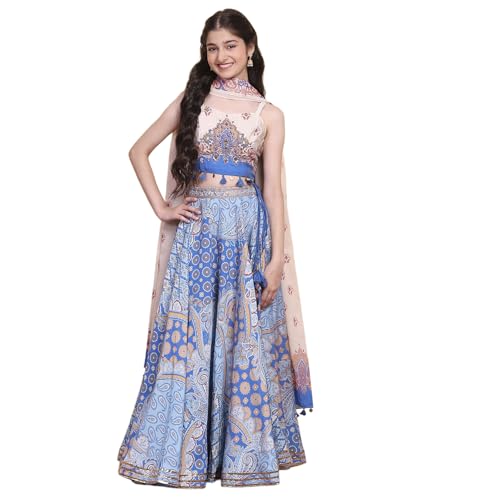 Biba Girls Electric Blue Viscose Blend Lehenga Set_12-13 Year
