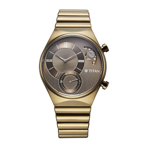 Titan Micromotors Analog with Date and Sun-Moon Sub-Dial and Khaki Dial Khaki Stainless Steel Strap Watch for Men - 90181QM01