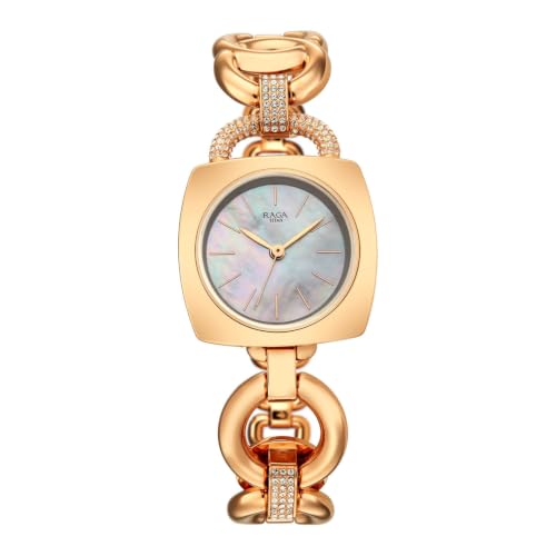 Titan Raga Unlocked Quartz 3 Hand Shaped White Mother of Pearl Dial, IP Rose Gold Strap Watch for Women - 2836WM01