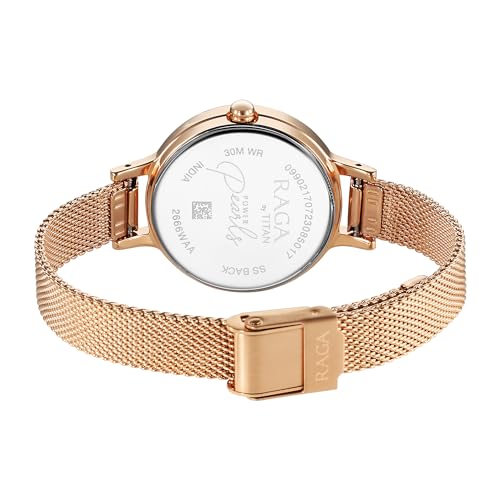 Titan Raga Power Pearls Quartz Analog Mother of Pearl Dial Rose Gold Metal Strap Watch for Women - NT2666WM01