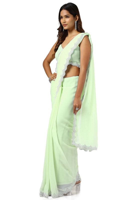 Soch Womens Light Green Georgette Embellished Saree