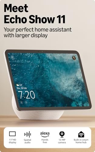 Amazon Echo Show 11 (newest model), vibrant 11" Full HD display with spatial audio & Alexa, new sleek design, smart home controls, 2x bass speaker, 13 MP camera, bluetooth, Glacier White