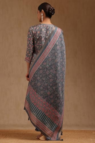 Soch Womens Grey Tussar Floral Print Suit Set With Zari
