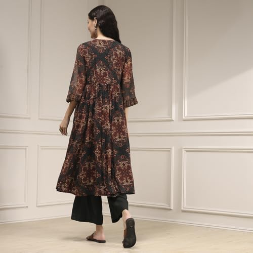 Biba Women Charcoal Black Polyester Gathered Printed Suit Set_46