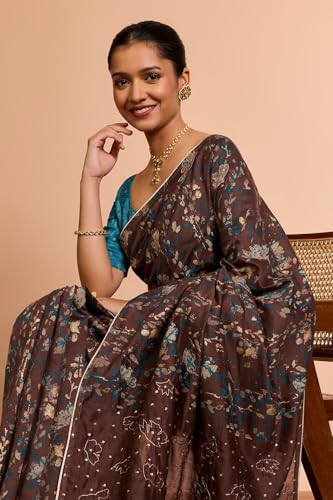 Taneira Women Brown Pure Silk Cotton Embroidered Saree with Unstitched Blouse Piece (SAIP01AC1401-Brown)