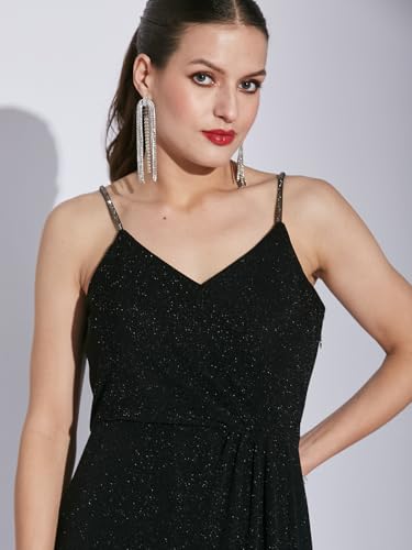 Latin Quarters Women Black Solid A-Line Dress | Sleeveless | V-Neck | Zip Closure | Nylon Stretch | Elegant Fit & Flare Dress for Party & Casual Wear