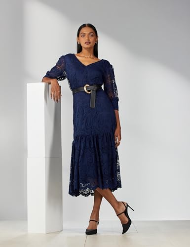 Styli Women's Navy Blue Puff Sleeves Lace Insert A-Line Midi Dress
