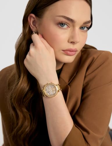 GUESS Solstice Analog Watch for Women with Clear Round Dial & Gold Stainless Steel Bracelet Band Water Resistant Women's Wrist Watches - GW0403L2