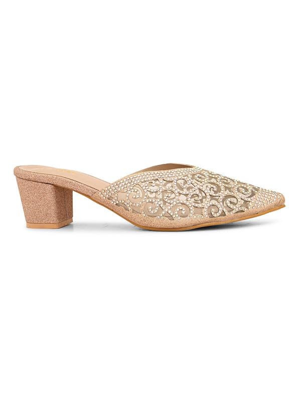 XE Looks Women's Gold Embellished Block Heel Mules | Pointed Toe Slip-On with Intricate Rhinestone Design | Stylish, Fancy & Charm Block Heels For Girls & Women