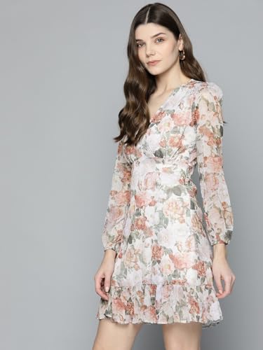 SASSAFRAS Beige Floral Chiffon Frill Hem Dress
