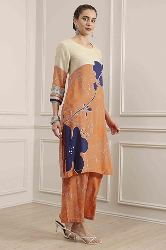 Biba Women Orange Viscose Rayon Straight Printed Fusion Set_38