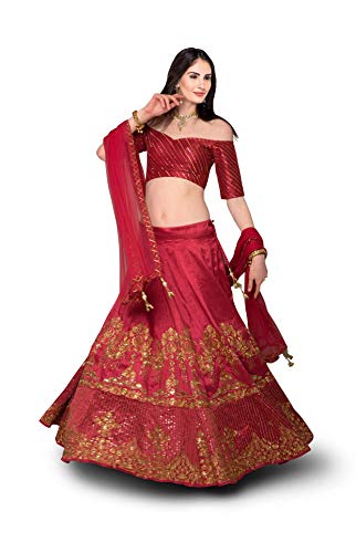 Zeel Clothing Women's Embroidered Art Silk Lehenga Choli Set (7030-Red-New-Bridal-Lehengai-for-women-latest-design, Red, Free Size)