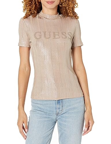 GUESS Women Beige Embellished High Neck Short Sleeves Top