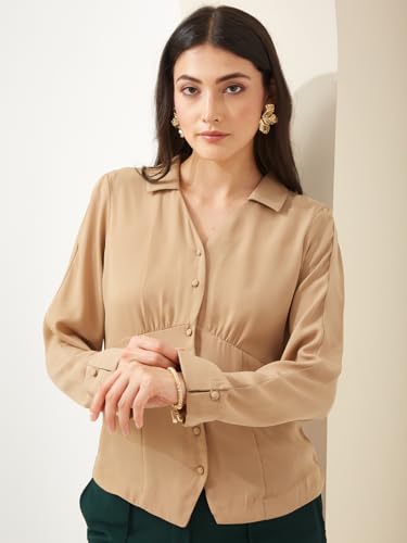Latin Quarters Women Beige Collared Full Sleeves Solid Casual Shirt_XXL