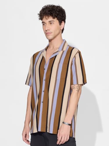 The Souled Store Stripes: Rust, Purple, Yellow Men and Boys Short Sleeves Collared Neck Button Front Cotton Blend Knit Shirts