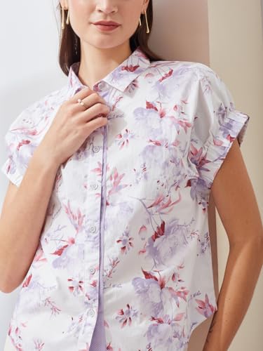 Latin Quarters Women's White Short Sleeves Collared Casual Printed Shirt_S